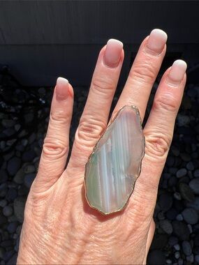 Striped Agate Statement Ring with Gold Edge